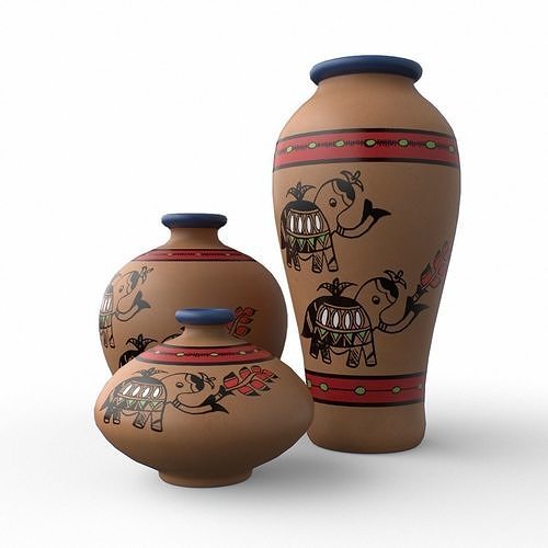 Madhubani Coral Terracotta Pots  Low-poly 3D model