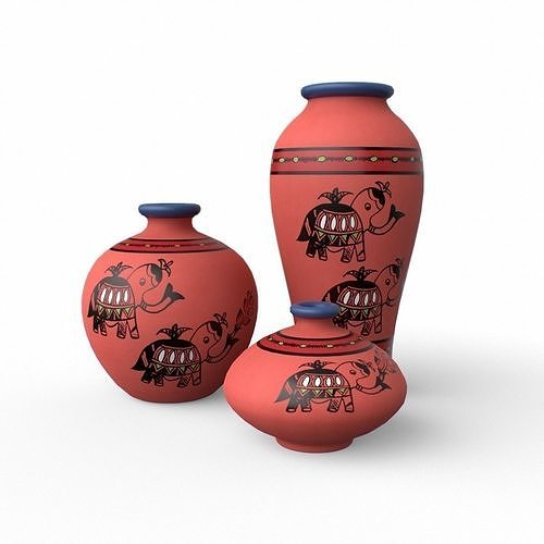 Madhubani Coral Terracotta Pots painted Low-poly 3D model