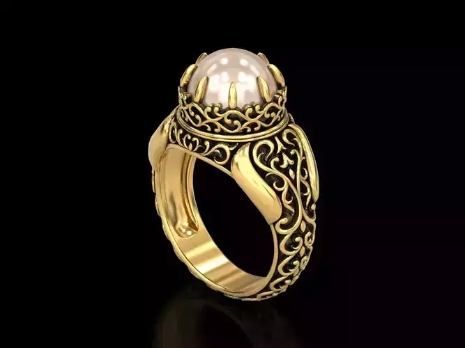 Antique Floral Carving Signet Pearl Ring