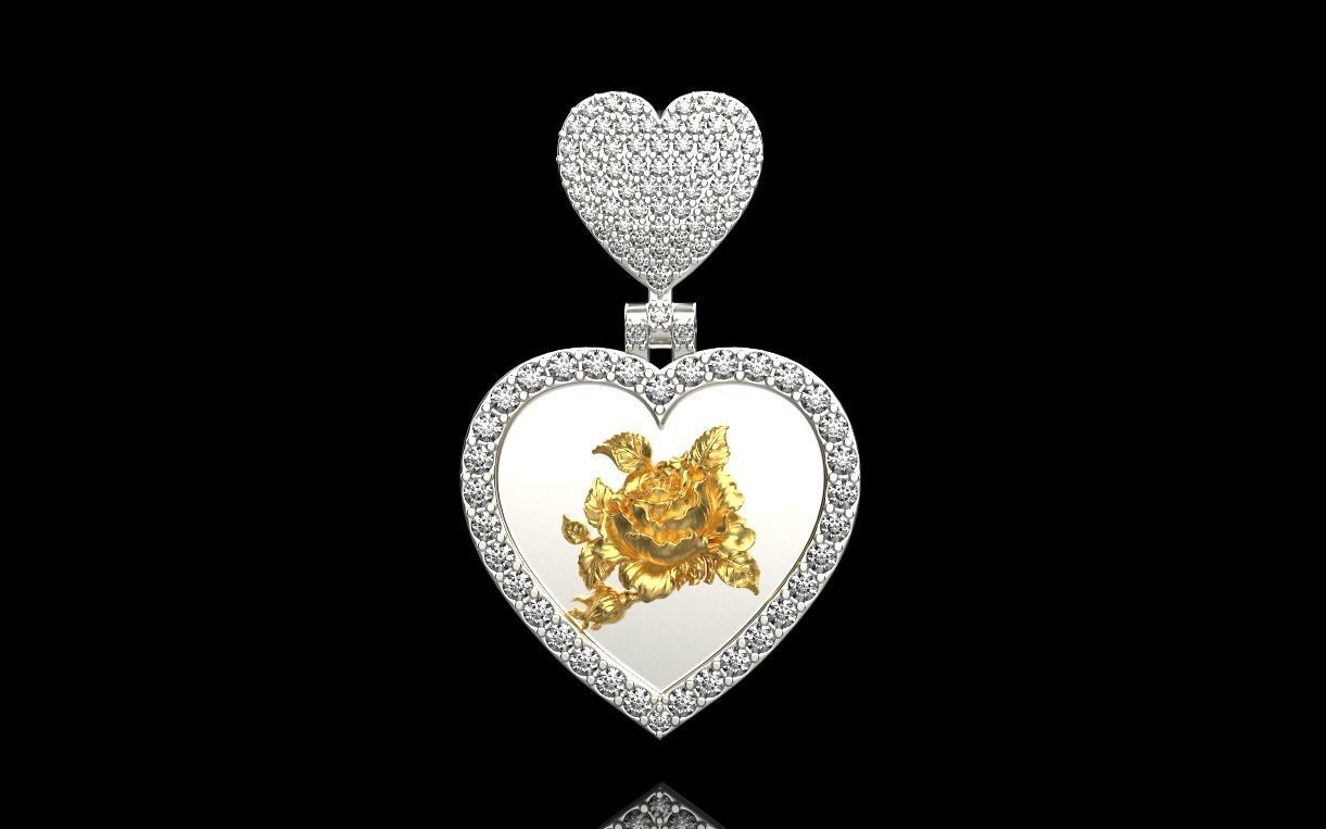 pendant in the form of a heart with a rose 3D print model_3
