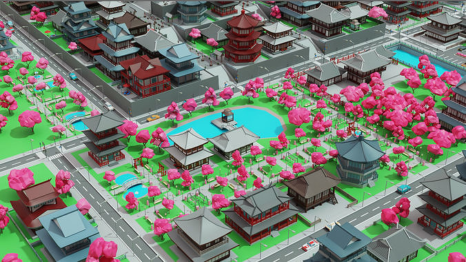 Japan City Low-poly 3D model 7