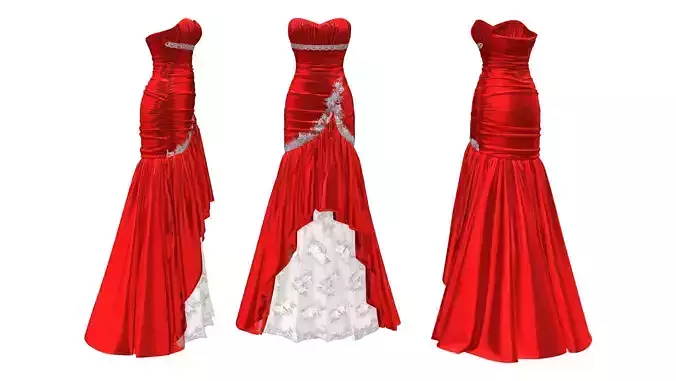 Strapless Red Silk Ruffled Layered Skirt Gown Low-poly 3D model