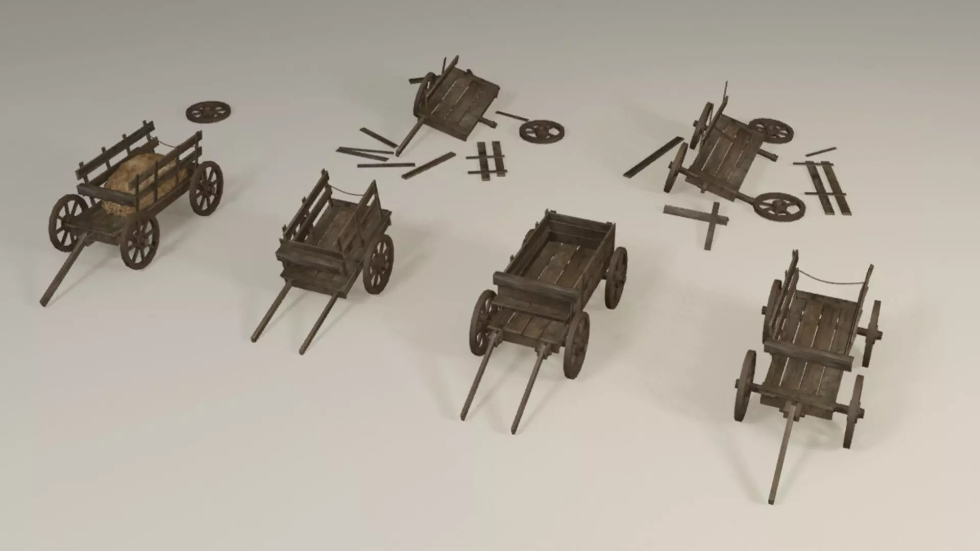 Wooden hay wagons Low-poly 3D model