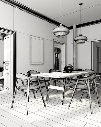Kitchen Cum Living complete scene  3D model 3