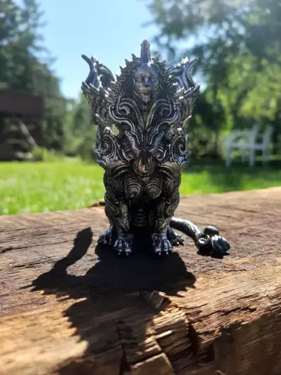 Sphinx silver demon figurine on piece of wood 3D print model
