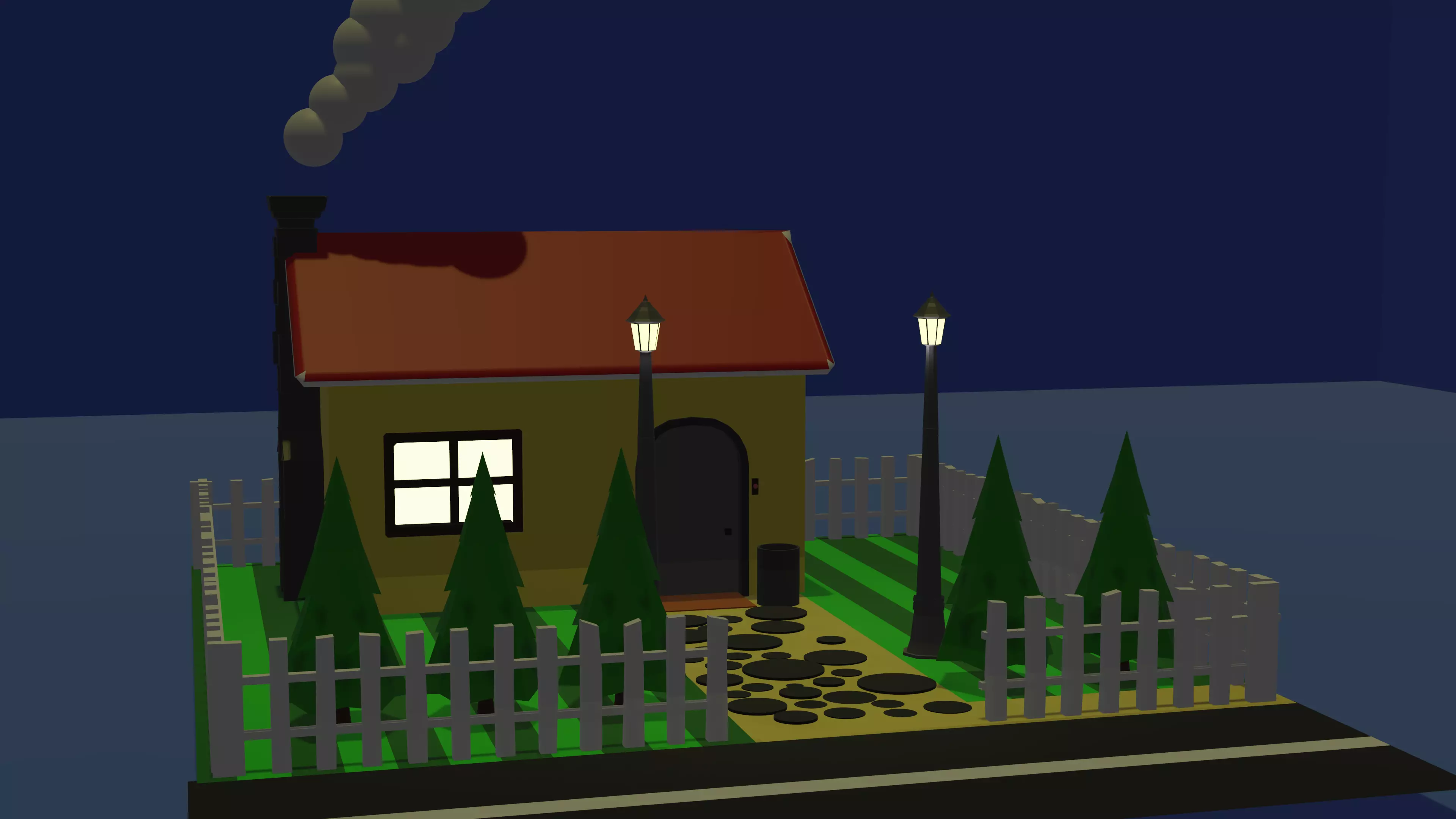 House low poly at night with smoke Free low-poly 3D model