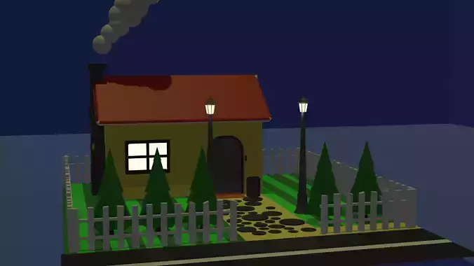 House low poly at night with smoke
