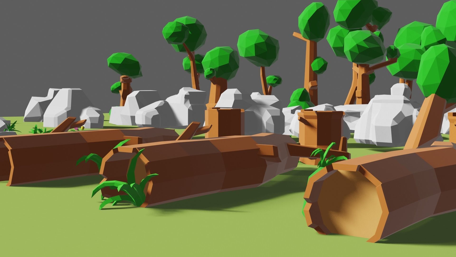 3d model low-poly trees rocks flowers mushrooms grass  Low-poly 3D model_1