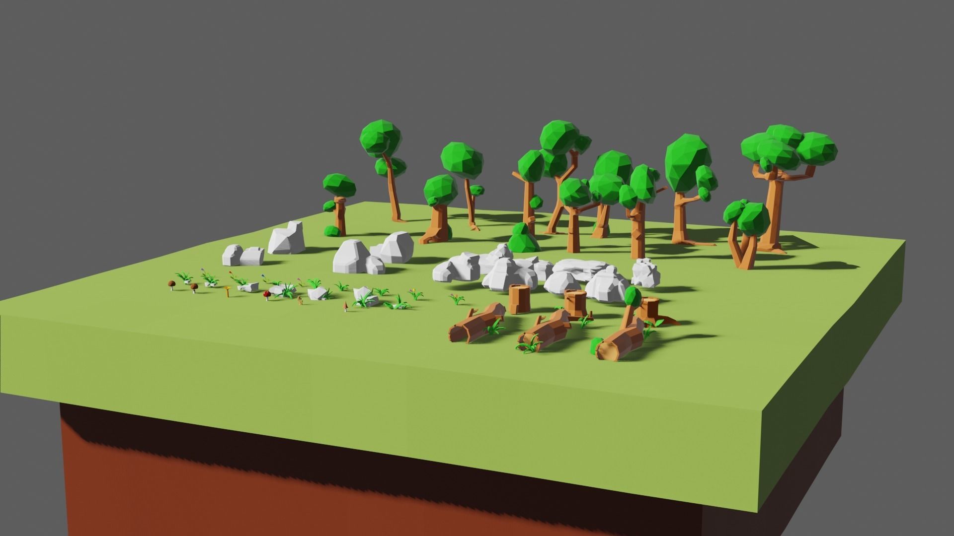 3d model low-poly trees rocks flowers mushrooms grass  Low-poly 3D model_2