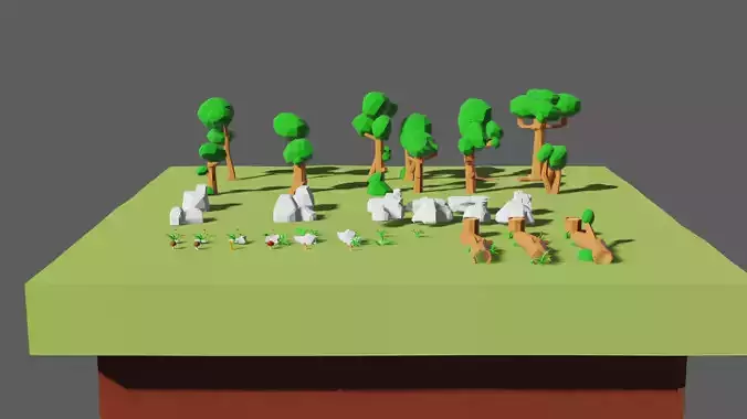 3d model low-poly trees rocks flowers mushrooms grass 