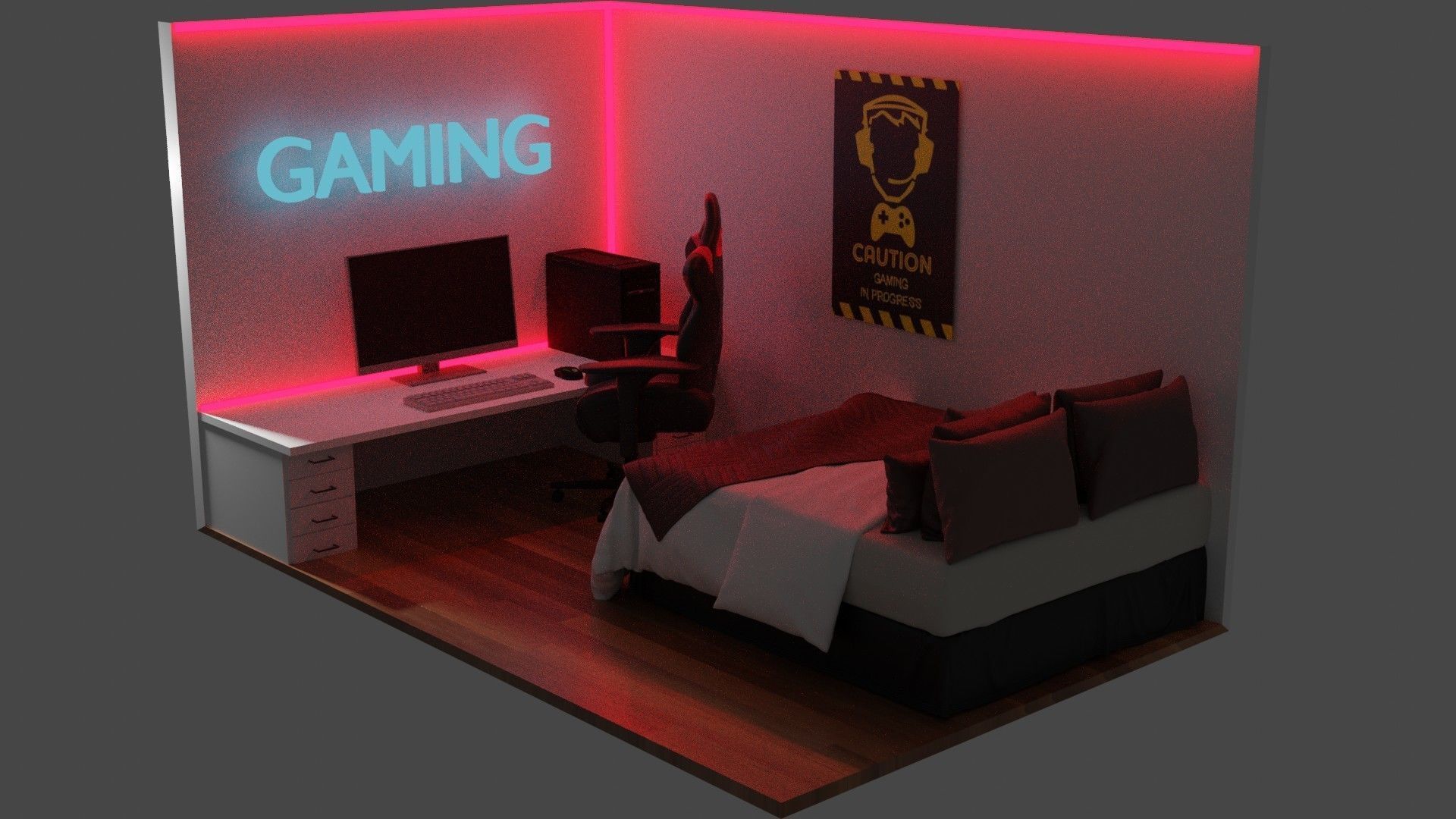 GamingRoom room with lighting and desk 3D model_2