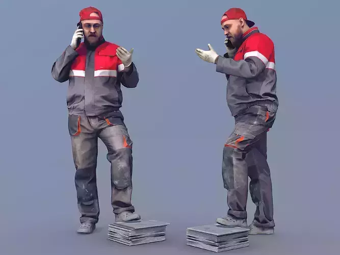 Photorealistic Bald Worker in Overalls Talking on the Phone 3D model