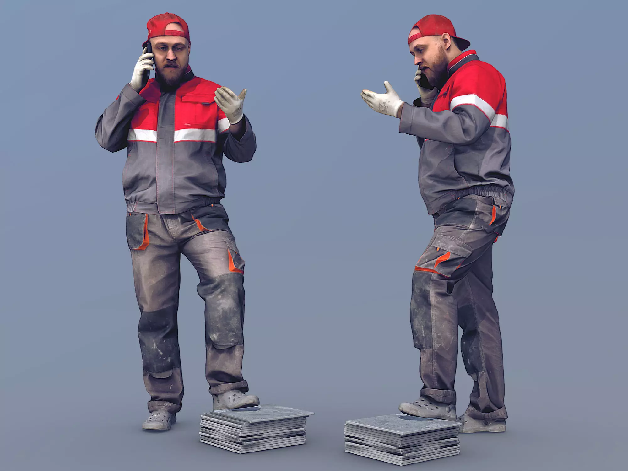 Photorealistic Bald Worker in Overalls Talking on the Phone 3D model