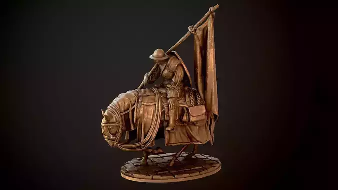 Knight statue of man riding horse with flag