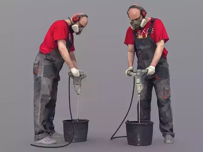 Photorealistic Bald Worker Kneading Cement