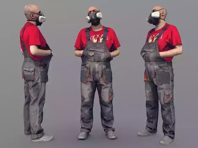 Photorealistic Bald Worker in a Respirator