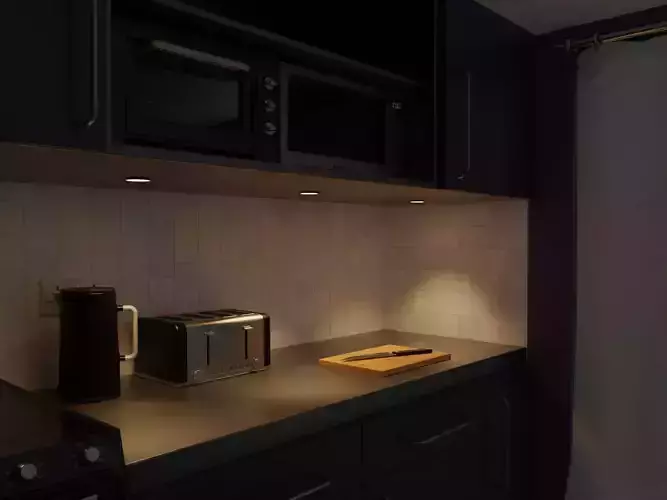 Toaster kitchen with cabinets and microwave