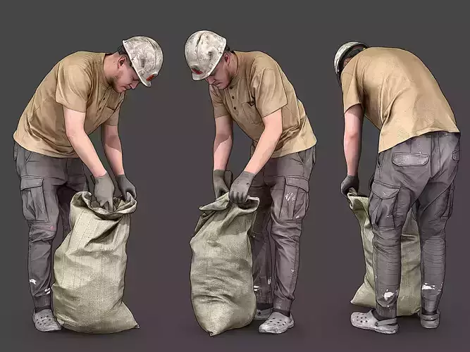 Worker Picks Up Garbage in a Bag 3D model