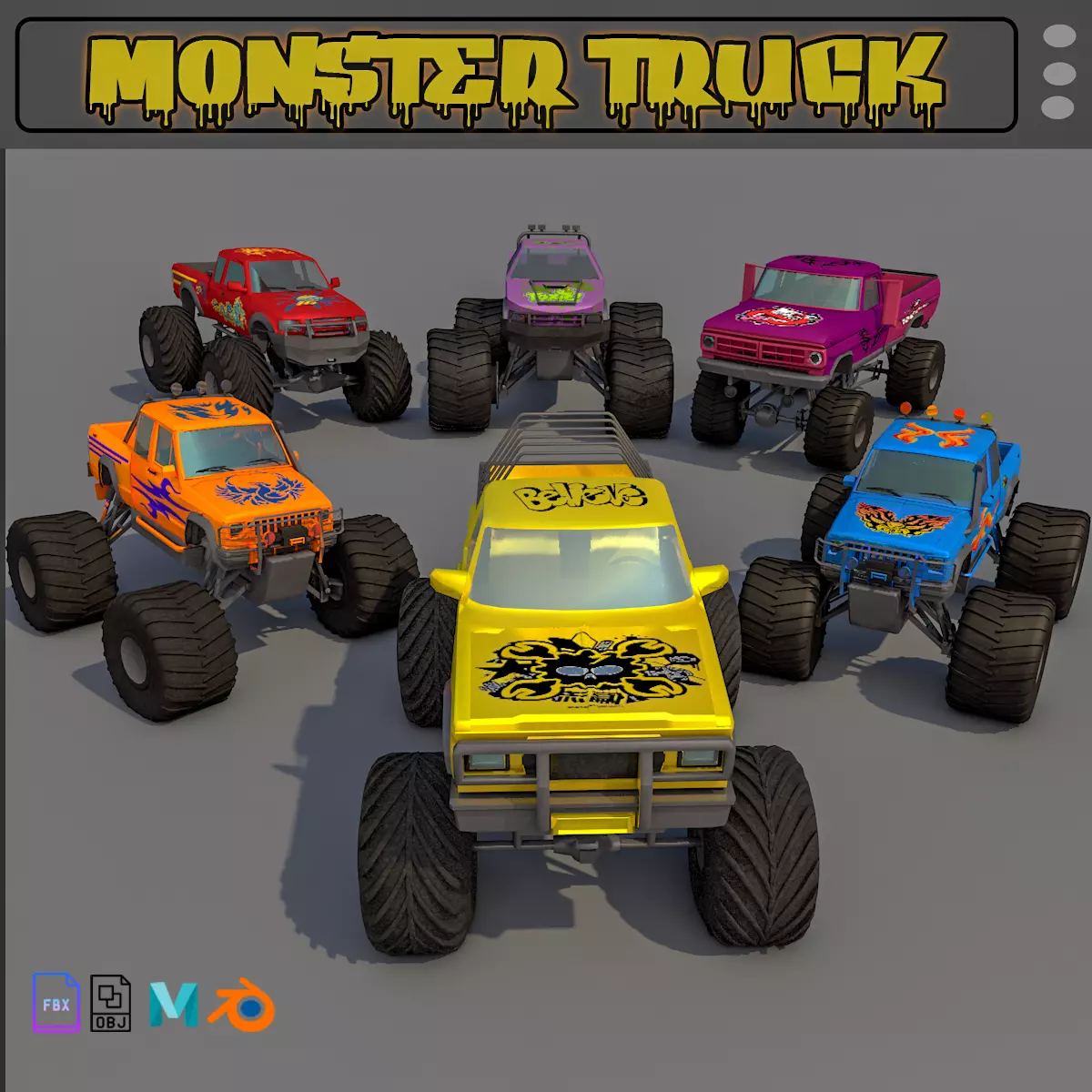 Monster Trucks Pack Low-poly 3D model