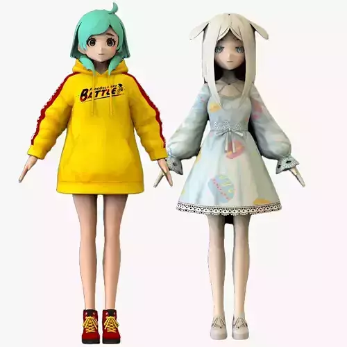 2 Anime Low Poly Characters DPack 4 3D Model Collection