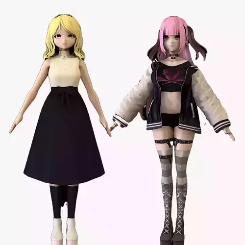 2 Anime Low Poly Characters DPack 8 3D Model Collection