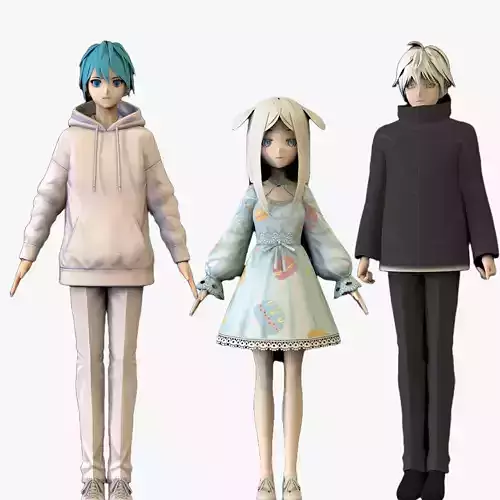 3 Anime Low Poly Characters TPack 2 3D Model Collection
