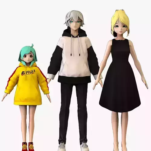 3 Anime Low Poly Characters TPack 4 3D Model Collection