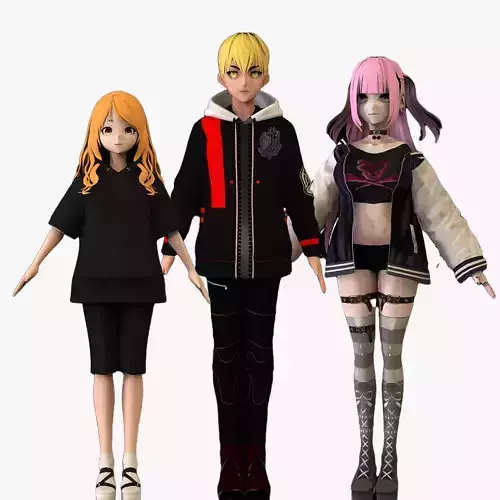 3 Anime Low Poly Characters TPack 5 3D Model Collection