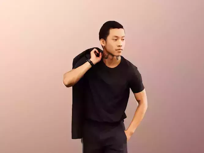 Henrik 12558 - Asian Man Walking With Jacket Over Shoulder