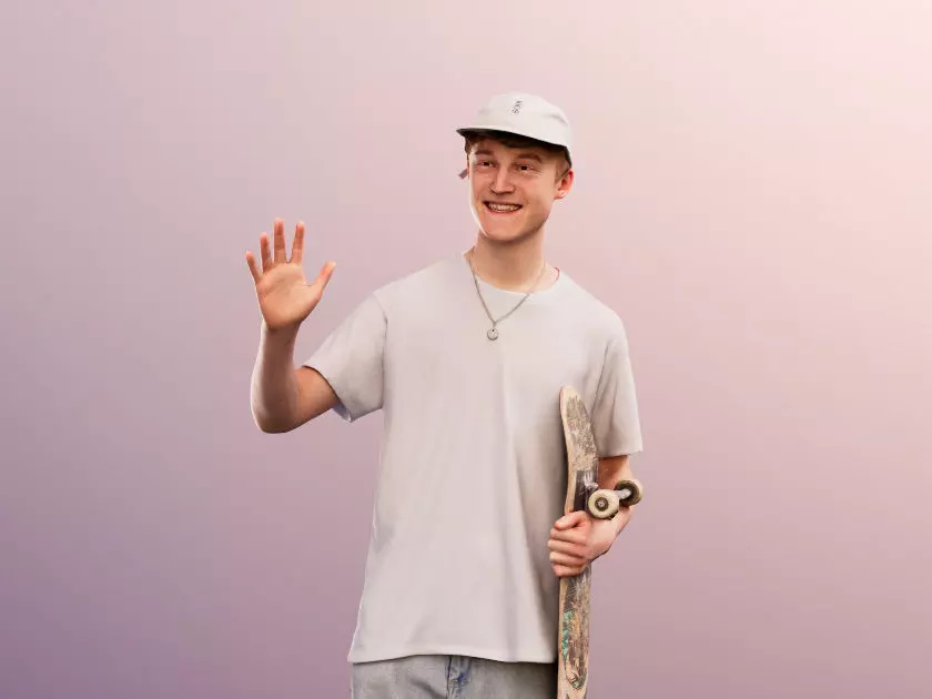 Dylan 12220 - Standing Skater Waving With Skateboard Low-poly 3D model_0