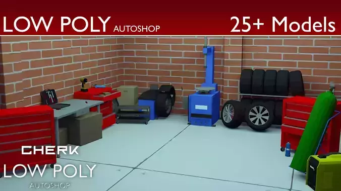 LowPoly Autoshop garage with tires and tools