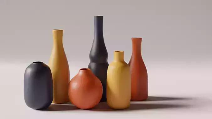 vase 3D group of different colored vases
