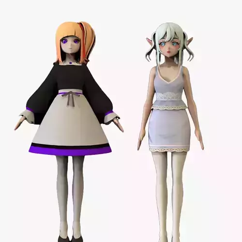 2 Anime Low Poly Characters DPack 13 3D Model Collection