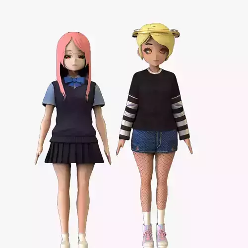 2 Anime Low Poly Characters DPack 17 3D Model Collection
