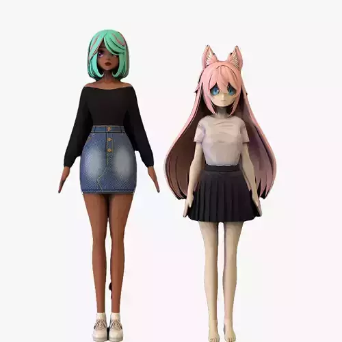 2 Anime Low Poly Characters DPack 18 3D Model Collection
