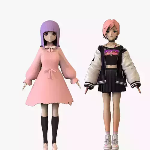 2 Anime Low Poly Characters DPack 19 3D Model Collection