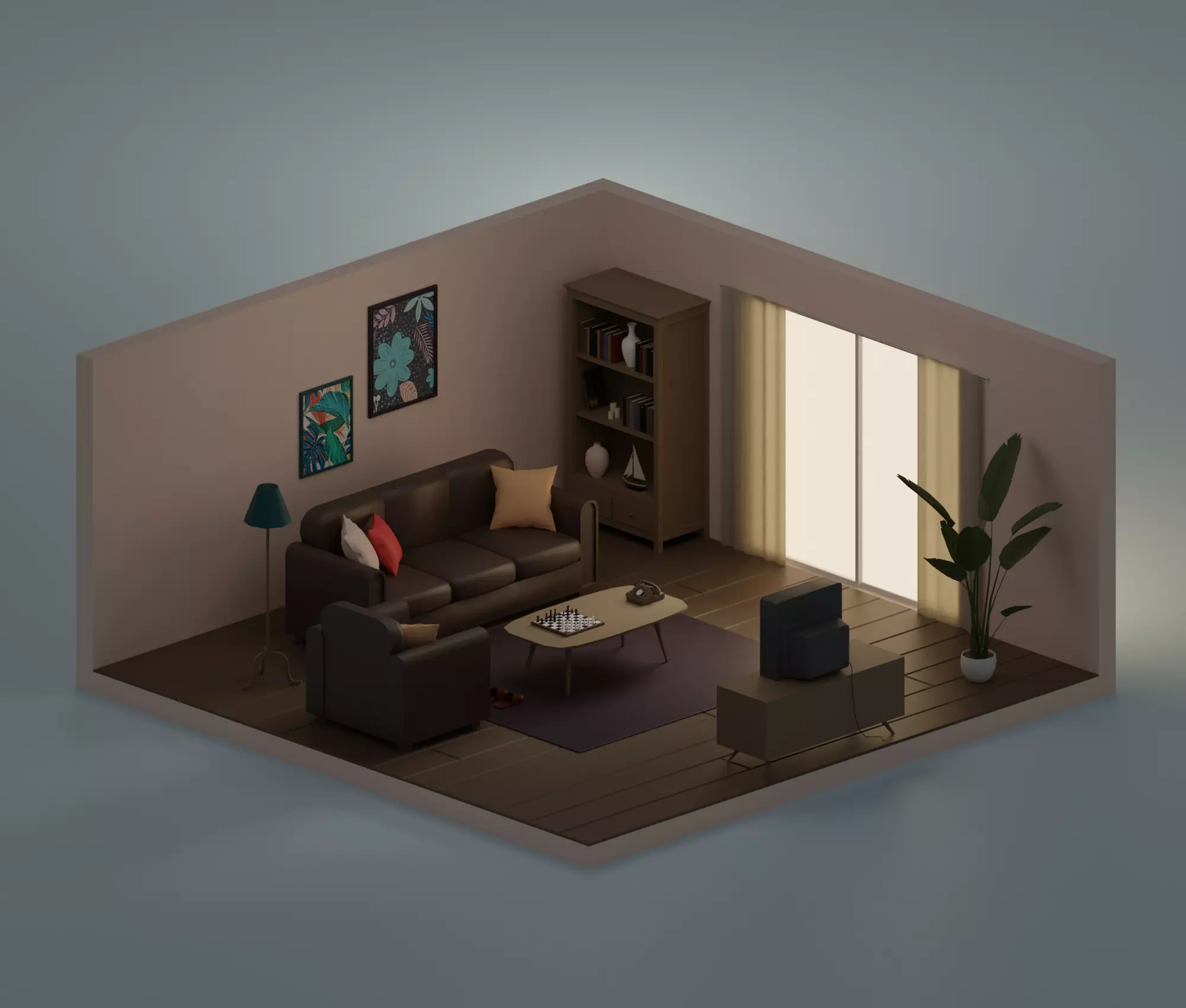 Living-room tv stand with drawers Low-poly 3D model_0