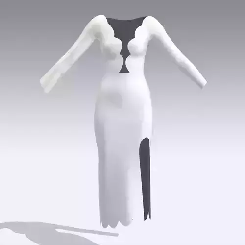 DRESS SLIT WHITE SCALLOP V NECKLINE ELEGANT LOOK