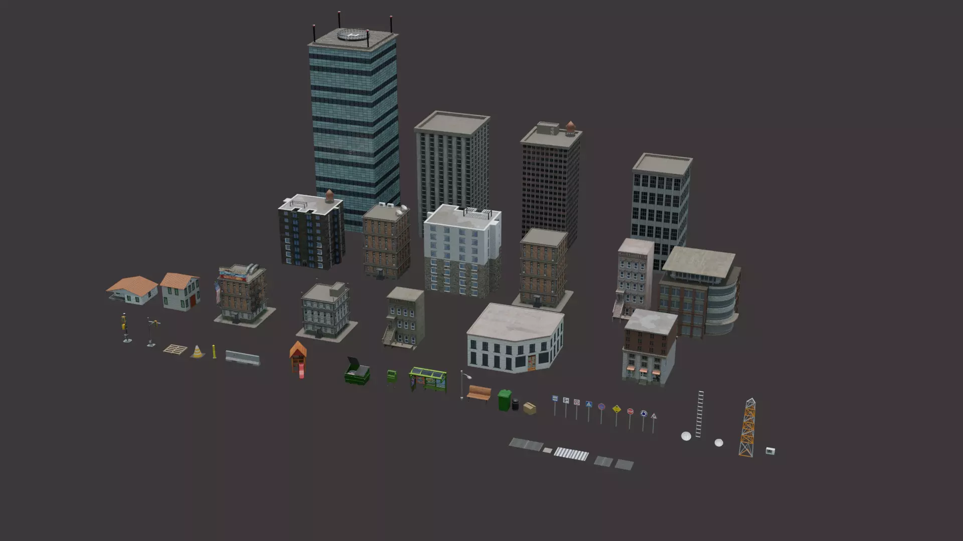City modular buildings and props Low-poly 3D model_0