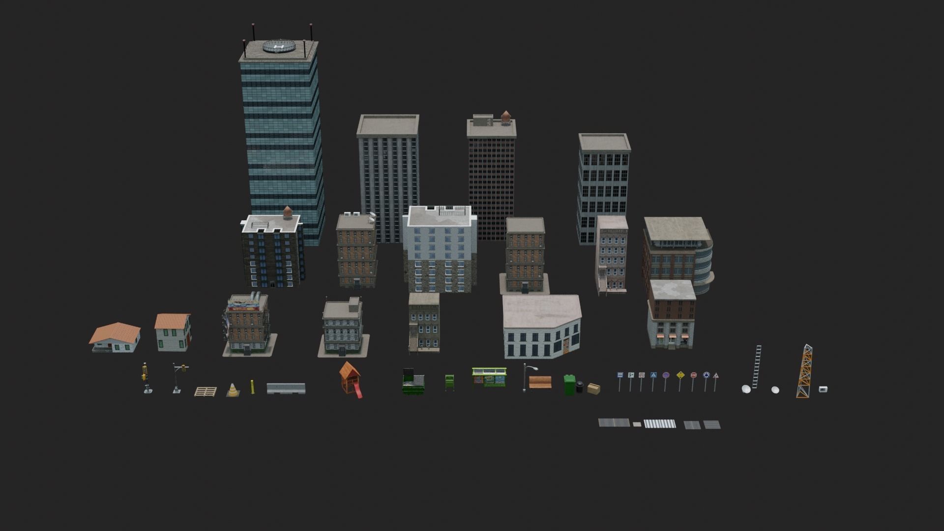 City modular buildings and props Low-poly 3D model_1