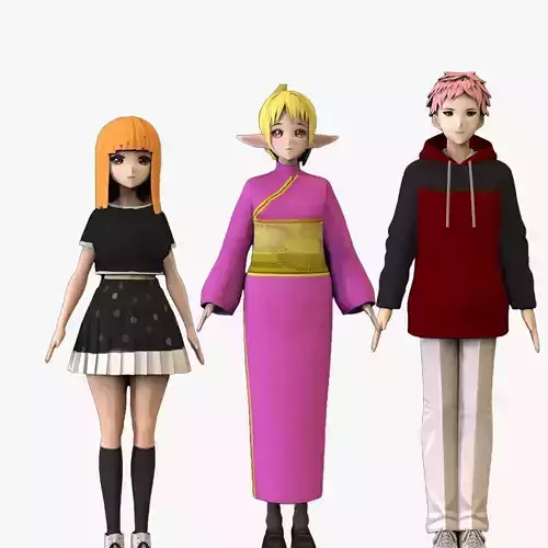 3 Anime Low Poly Characters TPack 7 3D Model Collection