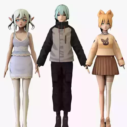 3 Anime Low Poly Characters TPack 9 3D Model Collection