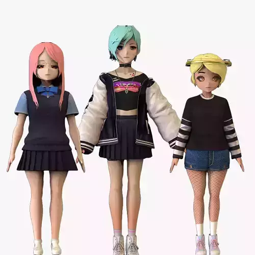 3 Anime Low Poly Characters TPack 10 3D Model Collection