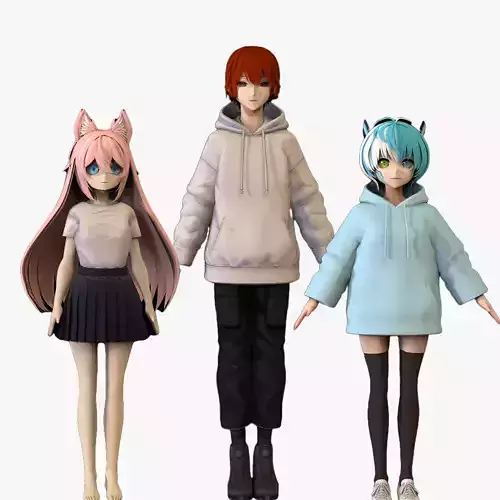 3 Anime Low Poly Characters TPack 11 3D Model Collection
