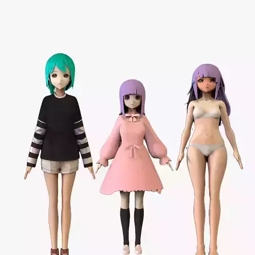 3 Anime Low Poly Characters TPack 12 3D Model Collection