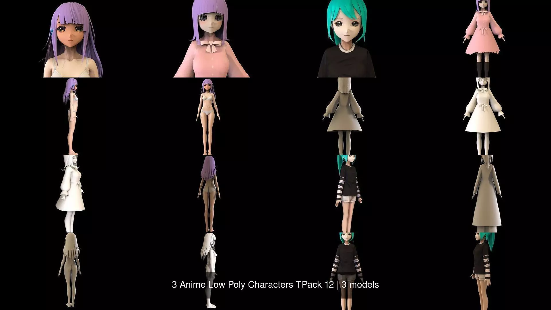 3 Anime Low Poly Characters TPack 12 3D Model Collection_1