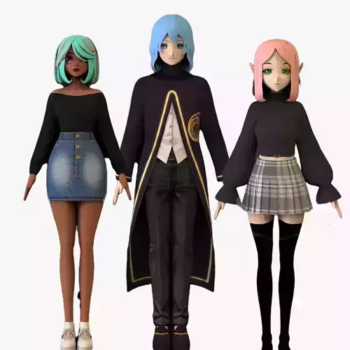3 Anime Low Poly Characters TPack 13 3D Model Collection