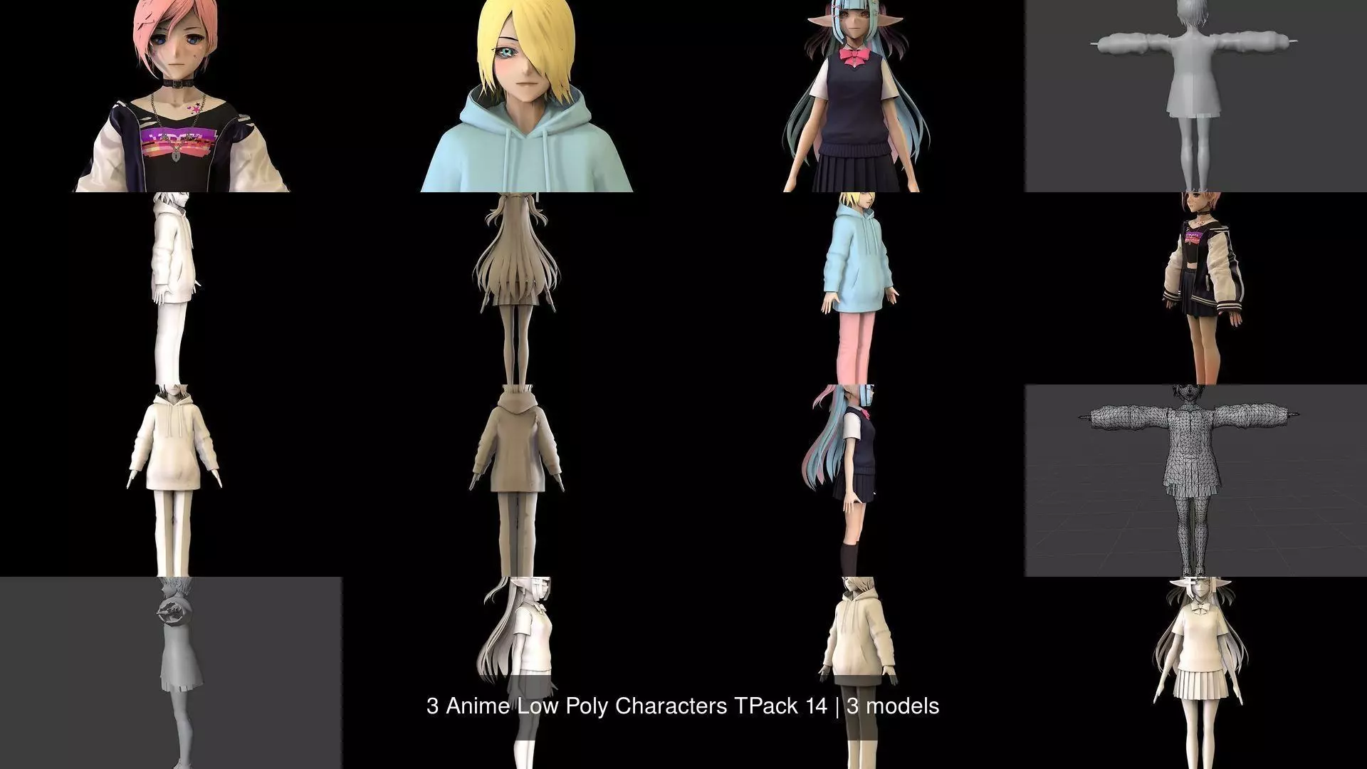 3 Anime Low Poly Characters TPack 14 3D Model Collection_1