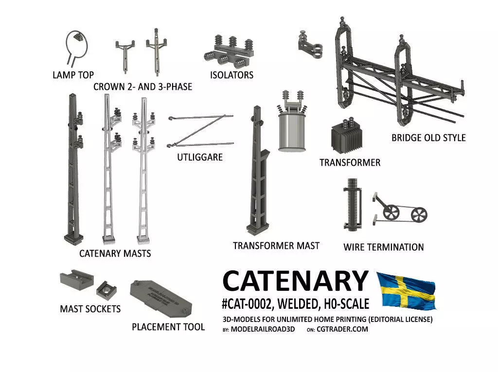CAT-0002 Catenary set Swedish Old Welded H0-scale 19 items 3D print model_0