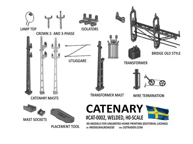 CAT-0002 Catenary set Swedish Old Welded H0-scale 19 items 3D print model